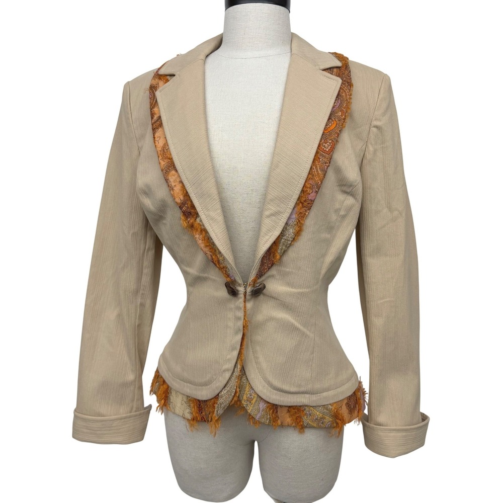 St. John Sport Blazer Women S Dark Beige Paisley Trim Fringed R626401